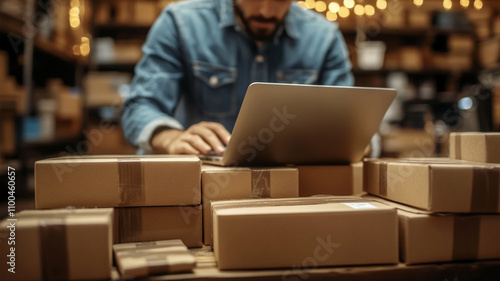 A dimly lit warehouse filled with stacked cardboard boxes creates a warm, inviting atmosphere. In the foreground, a focused individual sits at a laptop, embodying determination and productivity