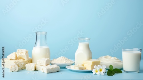 Fresh Dairy Products on Blue Background photo