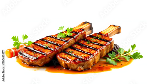 Grilled T-bone steaks with fresh herbs and vegetables isolated highlighted by white, png photo