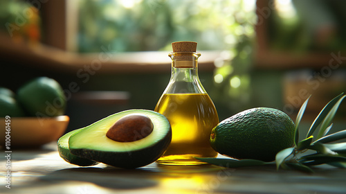 Fresh Avocados with Olive Leaves and Bottle of Oil in Sunlit Kitchen