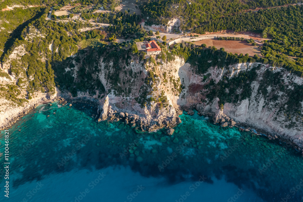 Aerial view of the Monastery of Kipoureon on Kefalonia island, Greece.