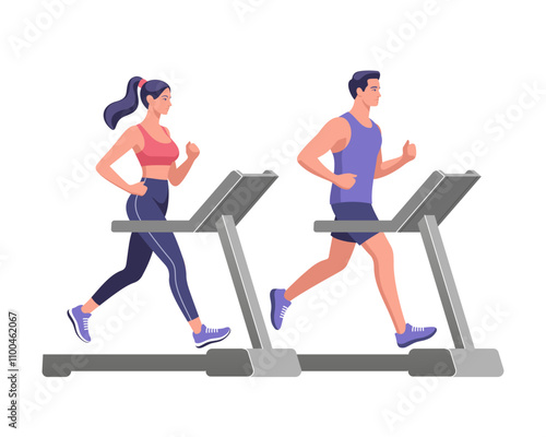 A couple is doing fitness. A man and a woman are exercising on a treadmill. Vector illustration in minimalistic style.