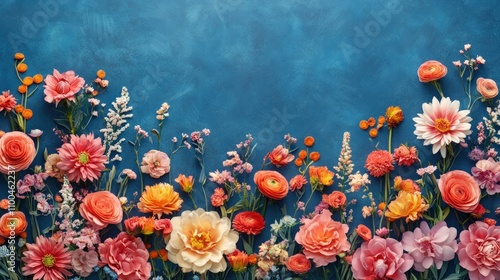 Vibrant floral arrangement on a blue background.