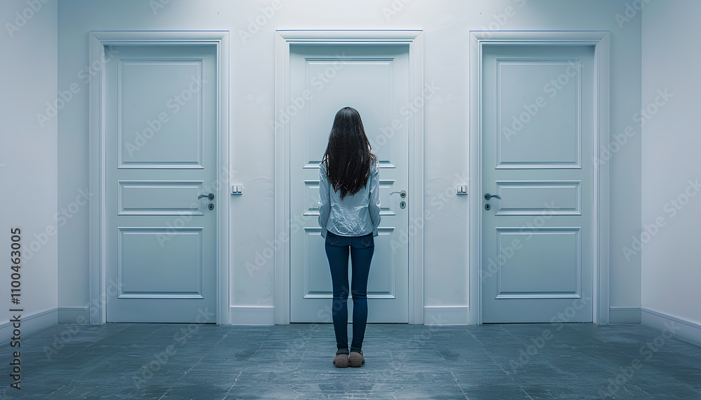 Fototapeta premium girl in front of three white doors in fear of an unknown choice