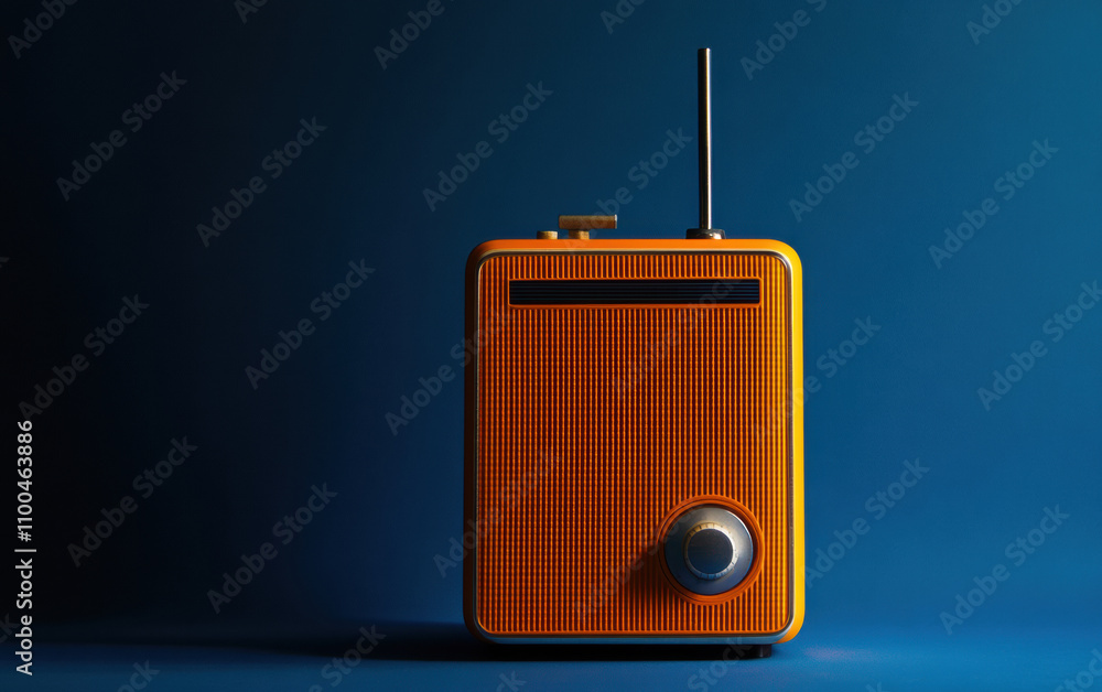 Obraz premium A 1960s style transistor radio in vibrant orange, standing upright against a deep blue space. 