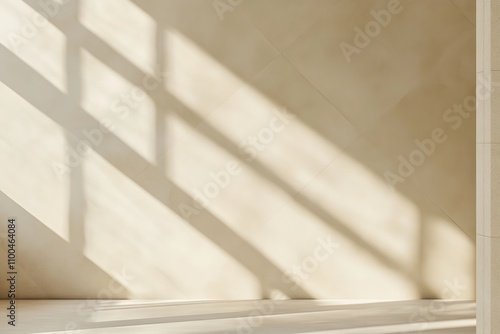 Minimalistic interior with soft sunlight casting geometric window shadows on a beige wall, evoking simplicity and tranquility photo