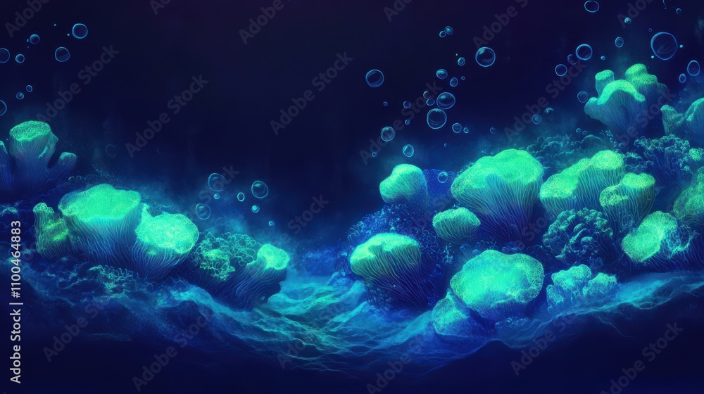 Obraz premium Comic-style ocean backdrop with neon coral and glowing bubbles underwater