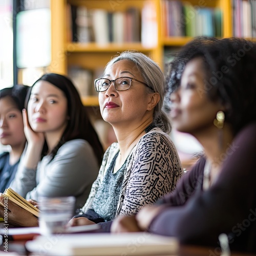 Participants of various ethnicities in a book club, engaged in a meaningful discussion under natural light, promoting inclusivity and reflection. photo