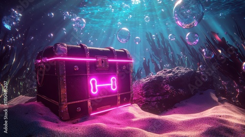 Retro treasure chest glows in neon hues in a vibrant underwater backdrop
