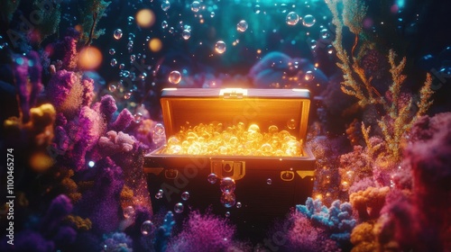 Neon treasure chest glows in a vibrant 70s-inspired underwater background
