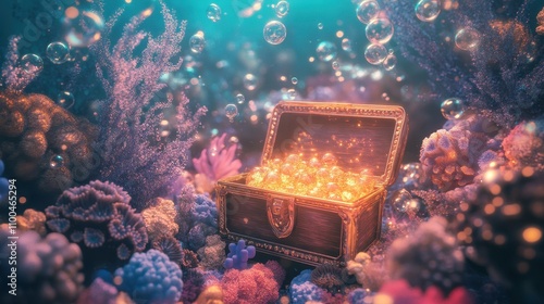 70s-inspired wallpaper with glowing chest and vibrant coral formations