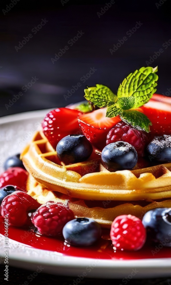Fluffy waffles accompanied by fresh raspberries and blueberries. Drizzled with syrup, creating a delightful contrast. Suitable for food related content and lifestyle branding. Fluffy waffles accompanied by fresh raspberries and blueberries. Drizzled with syrup, creating a delightful contrast. Suitable for food related content and lifestyle branding.