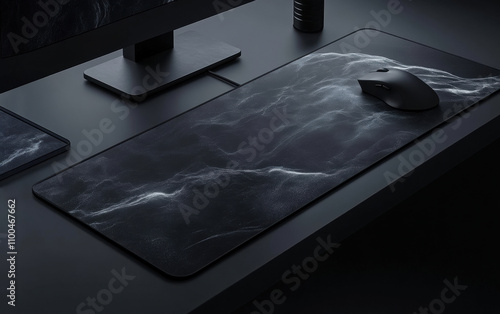 A large minimalist mouse pad in a matte black desk setup, with the desk surface illuminated by soft light. photo