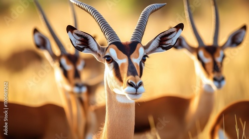 Close-up of impala antelopes in African savanna. Group of animals faces viewer. Wildlife photo taken during safari in Serengeti. Nature image perfect for eco tourism or wildlife magazines. photo