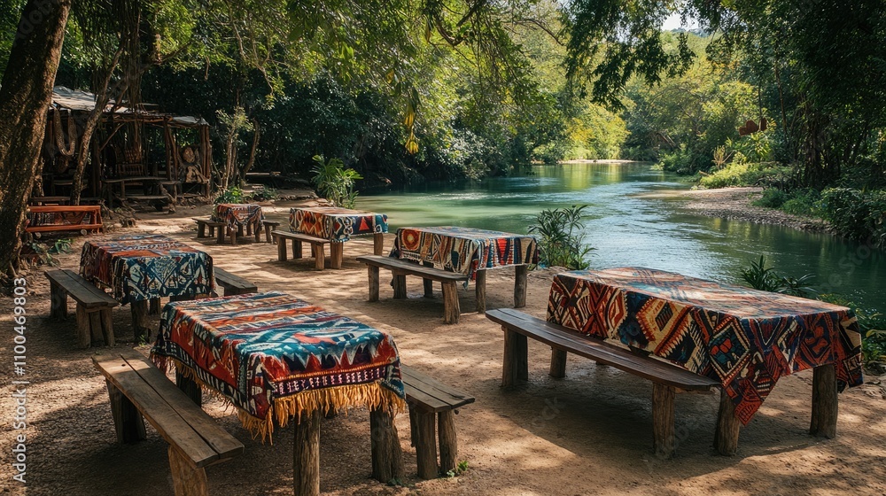 Obraz premium A picturesque tribal-themed picnic area by a tranquil river. Wooden tables with colorful tribal tablecloths and benches are surrounded by nature