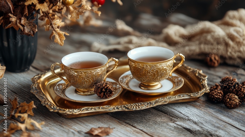 Fototapeta premium Golden Tea Cups on a Rustic Tray - Autumnal Elegance