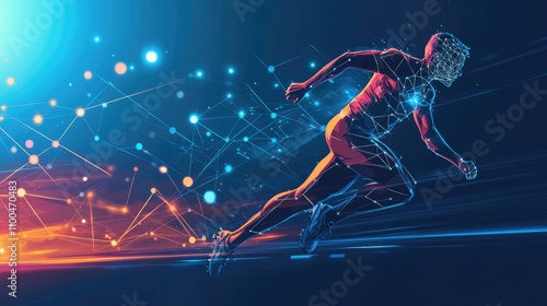 A dynamic male athlete depicted in a futuristic style, sprinting towards a digital horizon filled with vibrant colors. photo