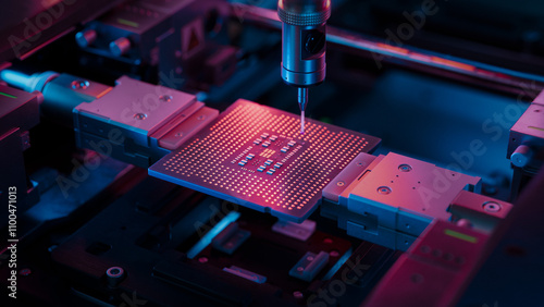 Konstfotografi Advanced Microchip illuminated with Red Light in Industrial Environment
