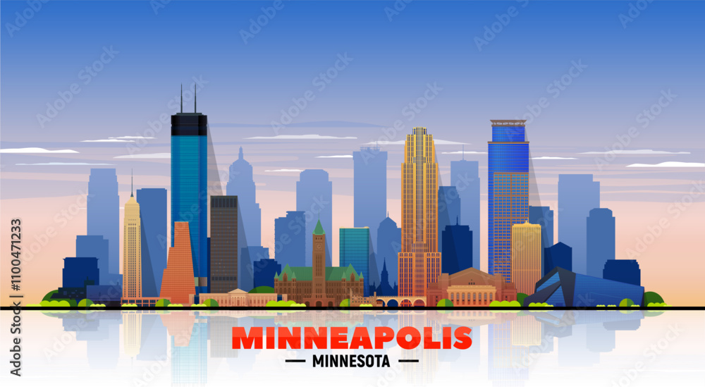 Obraz premium PrintMinneapolis Minnesota skyline in the white background. Flat vector illustration. Business travel and tourism concept with modern buildings. Image for banner or website. 