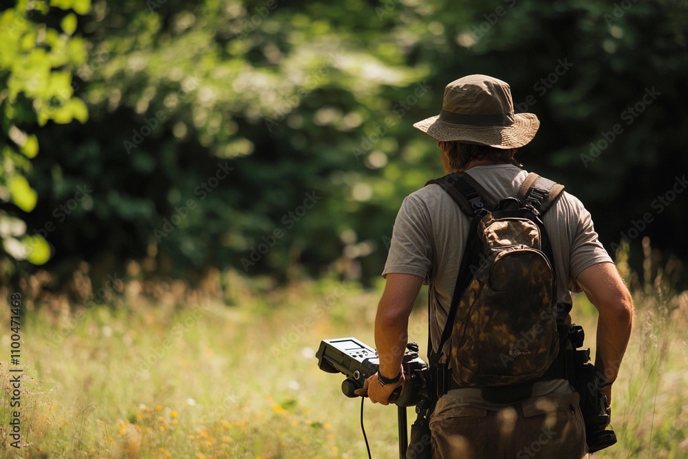 Fototapeta premium Explorer searches the woods for hidden treasures with metal detector. Generative AI
