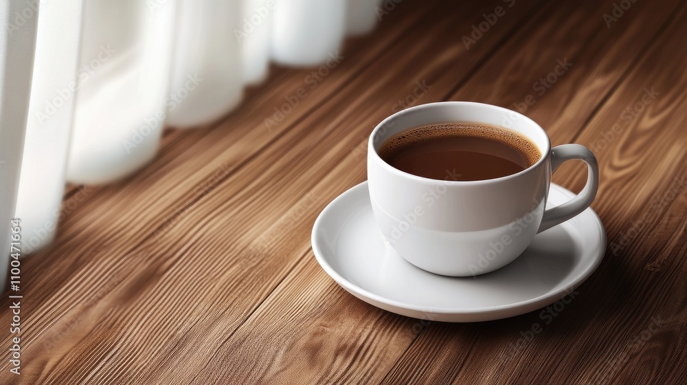 Obraz premium A warm cup of coffee on a rustic wooden table, bathed in natural light with soft curtains in the background.