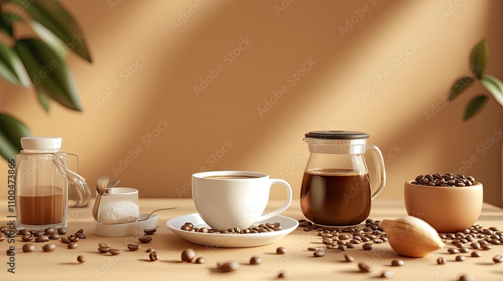 A serene coffee setup showcasing a white cup of coffee, beans, and brewing equipment in warm tones. A serene coffee setup showcasing a white cup of coffee, beans, and brewing equipment in warm tones.