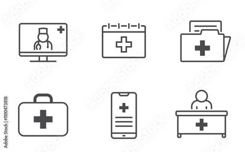 Medical icon set. Digital healthcare, doctor and medical files symbols. Isolated vector images in simple style