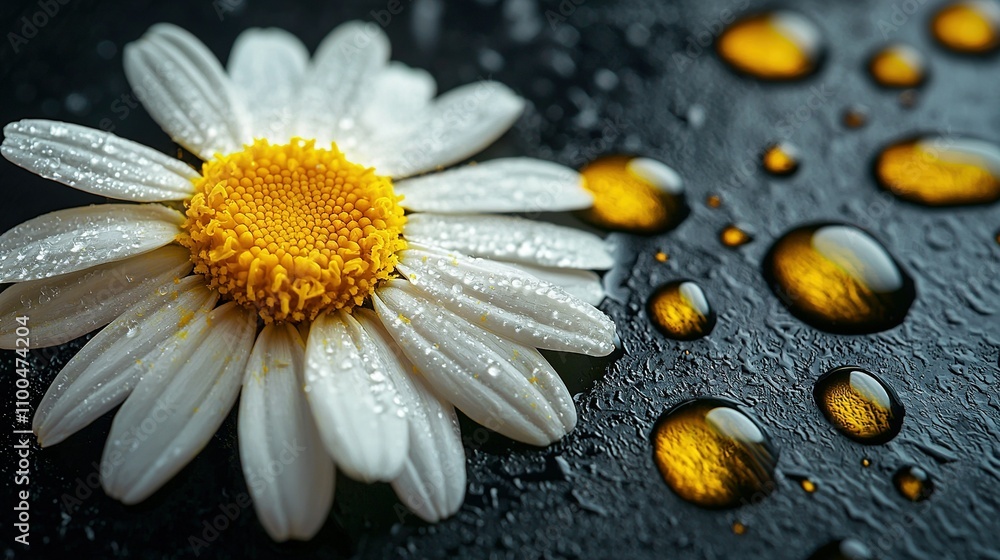 Fototapeta premium A white bloom with a yellow core on a black background, surrounded by droplets of water
