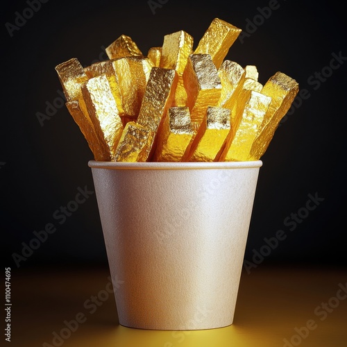 A bucket filled with shimmering golden fries against a dark backdrop.