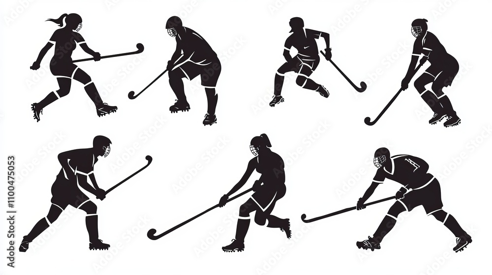 Fototapeta premium Vector Silhouette Set of Male and Female Field Hockey Athletes in Action Poses.