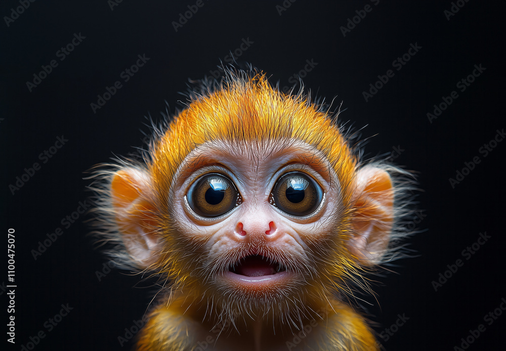 Close up surprised little yellow monkey with big eyes and open mouth looking at camera on uniform black background. Close up surprised little yellow monkey with big eyes and open mouth looking at camera on uniform black background.