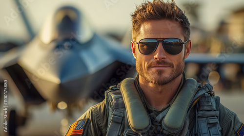 Confident adult caucasian male pilot in aviator gear standing in front of fighter jet photo