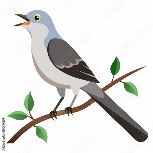 A singing northern mockingbird perched gracefully on a tree branch, showcasing its vibrant song and natural beauty in a detailed illustration or photograph