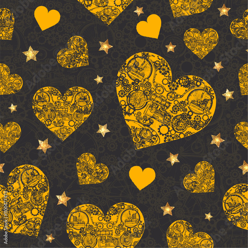Steampunk Print with Gold Hearts and Star and Old Bikes and Gears. Edwardian Seamless Pattern for Card. Victorian Style.