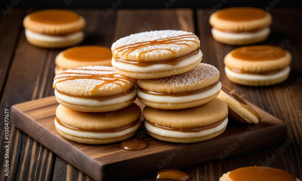 Alfajores on a wooden board, inviting and delightful, showcasing delicious layers of cream and caramel against a dark background Alfajores on a wooden board, inviting and delightful, showcasing delicious layers of cream and caramel against a dark background