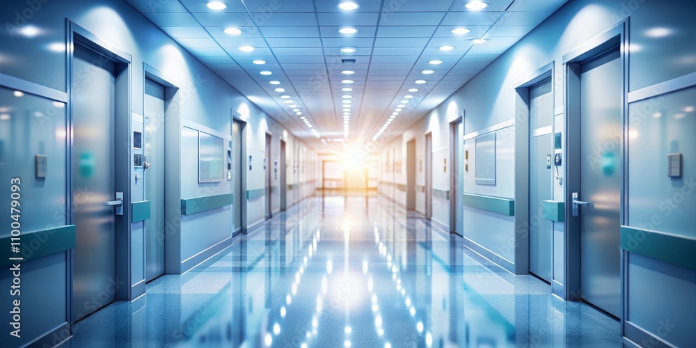 Obraz premium A Bright and Sterile Hospital Corridor, Wide Angle Perspective, Blue and White Tones, Clean and Modern Design, Light Reflecting off the Floor, Hospital, Healthcare