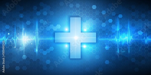 Abstract Blue Hexagon Background with White Cross and Heartbeat, medical , healthcare , technology , futuristic