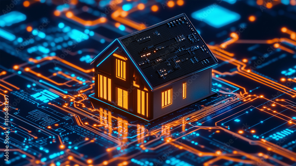 Obraz premium デジタル基板の上に置かれたスマートホームの模型