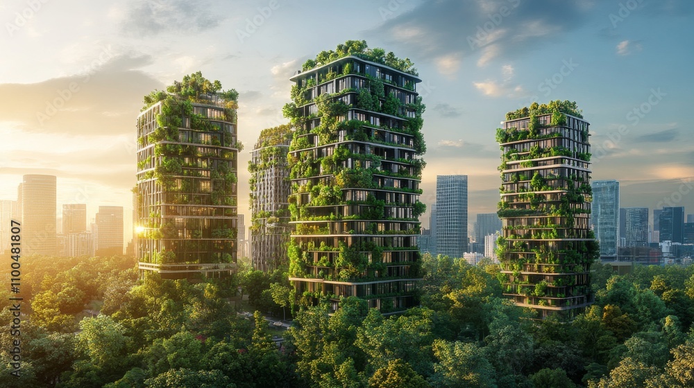 Obraz premium Green Skyscrapers Integrated Into Urban Forest Environment