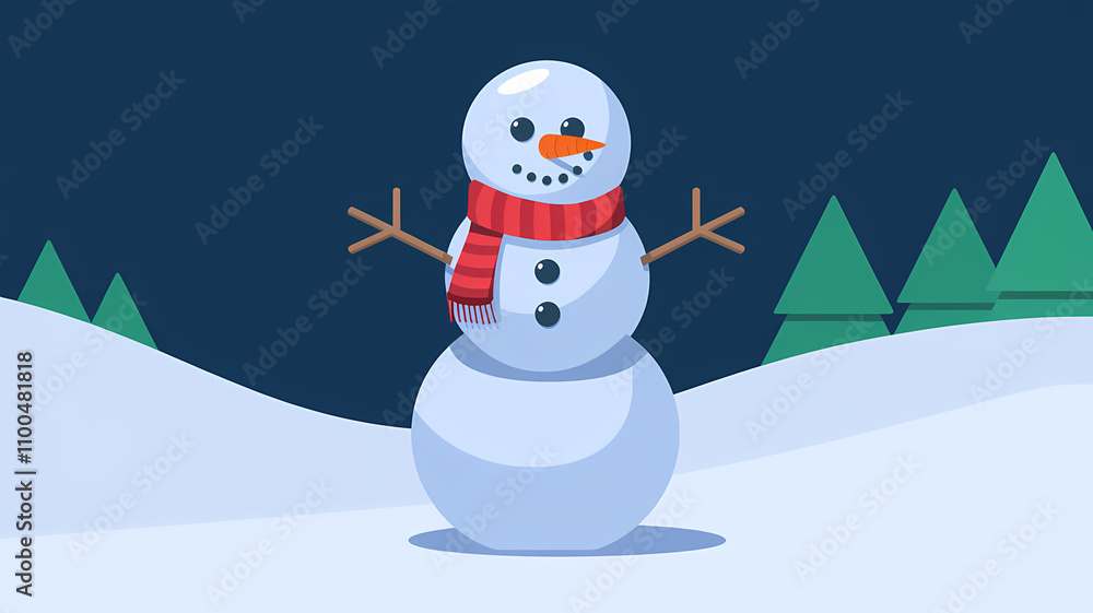 Obraz premium A flat illustration of a snowman with a red scarf and a carrot nose in the snow