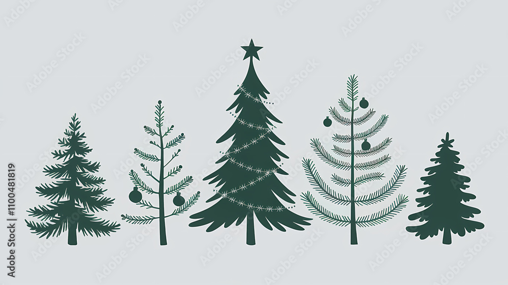 Obraz premium A set of stylish drawn Christmas tree silhouettes on a white isolated background