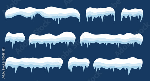 Set of snow caps, snowy ice and frozen icicles in cartoon style for greeting cards, invitations, banner and posters. Snow elements isolated. Winter season. Colored flat vector illustration