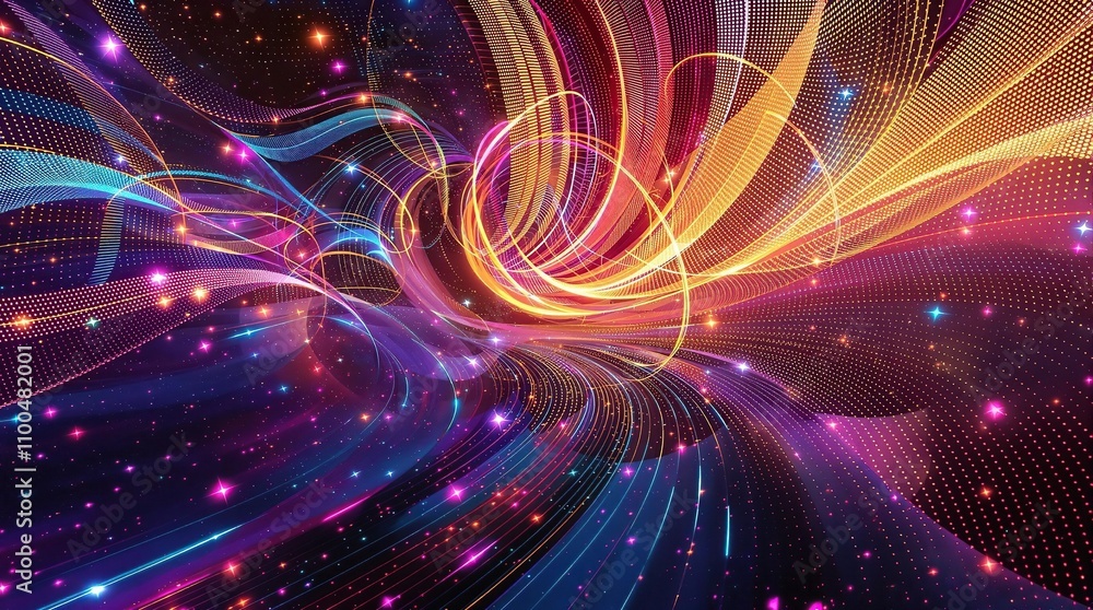 Fototapeta premium rhythmic lines on a colorful background with pulsing lights, music-inspired graphics, pulsing lights, electronic sounds, vibrant colors