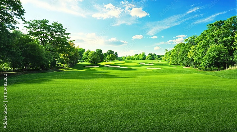 Fototapeta premium Rolling green hills of a lush lawn stretching towards a golf course, nature, golf