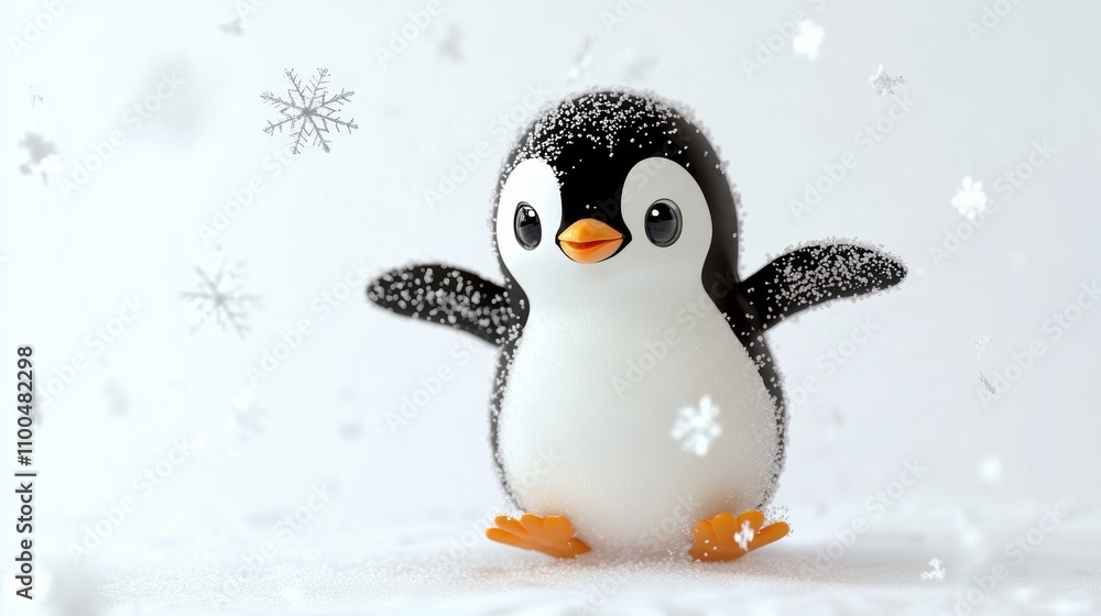 Fototapeta premium Cute penguin in snow field. Winter theme background template for greeting card design.