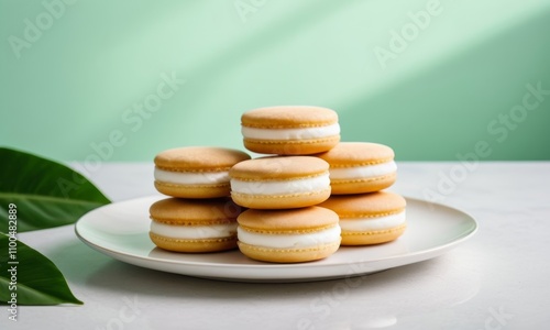 Alfajores in a joyful mood, stacked on a plate, against a mintgreen background with copy space. photo