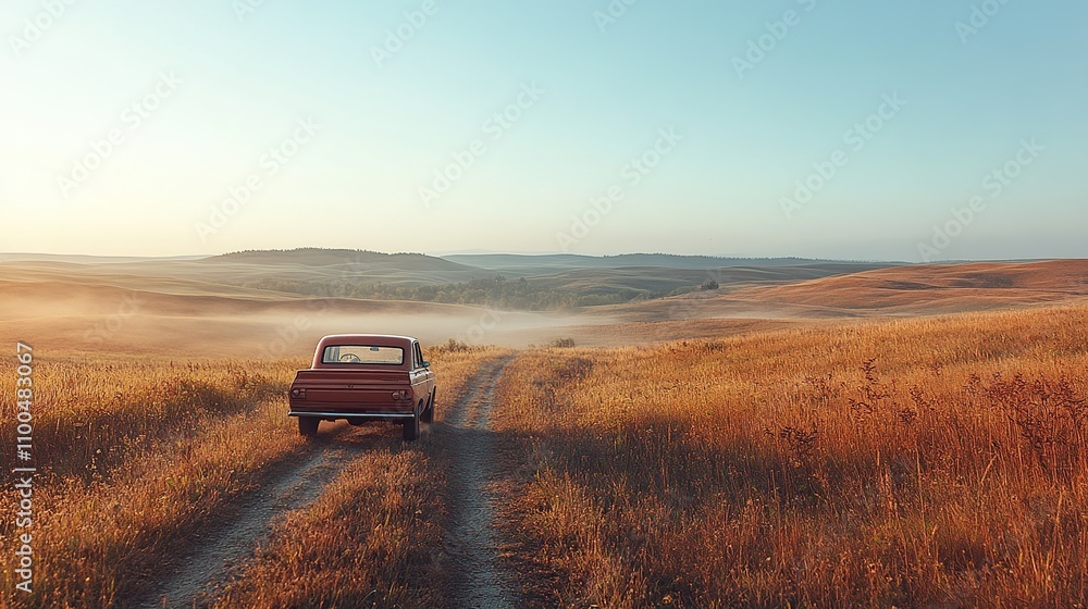 Fototapeta premium A vintage car parked on a dirt road through a misty golden landscape at sunrise.