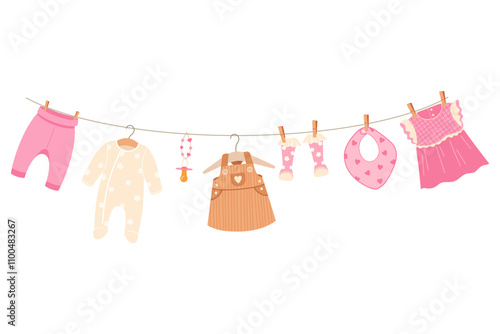 Cute vector illustration of pink baby girl clothes hanging on pegs, perfect for baby shower party theme. Ideal for invitations, decorations, and greeting cards. Soft, charming and playful design