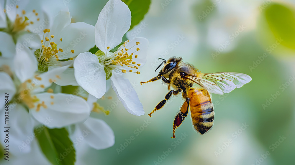 Honeybee pollinating white blossoms in spring garden Honeybee pollinating white blossoms in spring garden