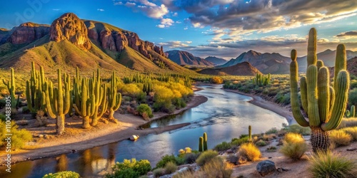 Arid Sunset Landscape with Winding River and Giant Cactus, Arizona, Desert, Nature, Landscape